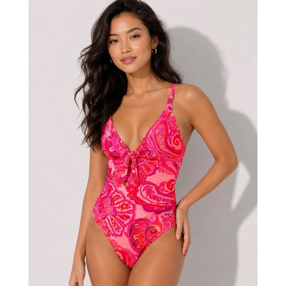 Lauren Ralph Lauren‎ Pink Paisley Tie Front Underwire One Piece Swimsuit 10 NEW